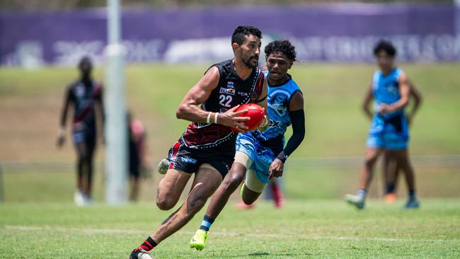 Marlion Pickett playing for the Tiwi Bombers against the Darwin Buffaloes in Round 4 of the 2024-25 NTFL season. Picture: Pema Tamang Pakhrin