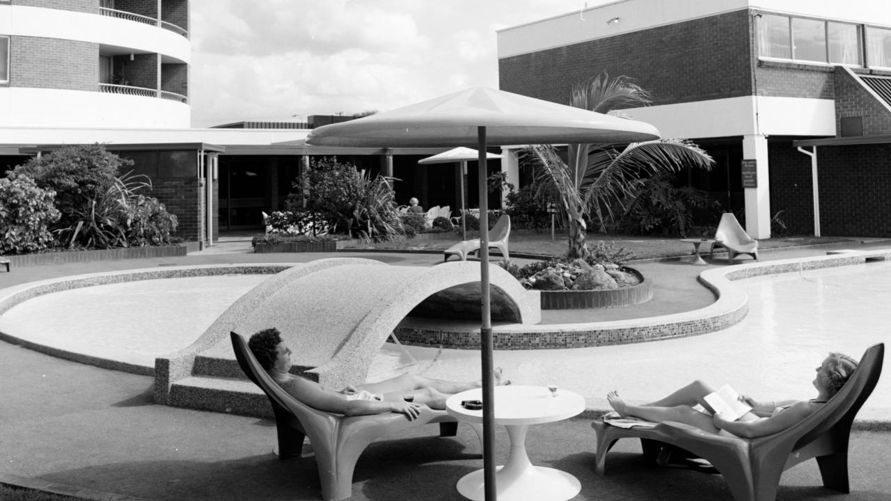 Pool area at the Surfair International Hotel, David Low Way, Marcoola, August 1980.