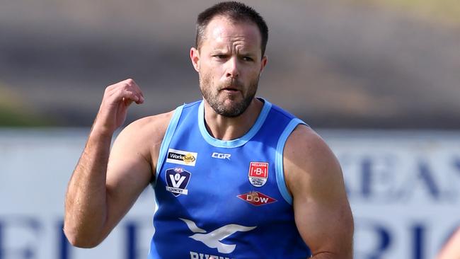 Barwon Heads’ Nathan Brown celebrates a goal. Picture: Mike Dugdale