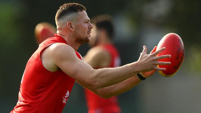 Steven May of the Demons takes the ball during a Melbourne Demons AFL training session at Gosch's Paddock on March 19, 2021 in Melbourne, Australia. (Photo by Robert Cianflone/Getty Images)