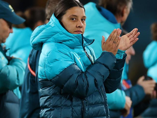 SYDNEY, AUSTRALIA - JULY 20: Sam Kerr of Australia applaud fans after the team's 1-0 victory in the FIFA Women's World Cup Australia & New Zealand 2023 Group B match between Australia and Ireland at Stadium Australia on July 20, 2023 in Sydney, Australia. (Photo by Cameron Spencer/Getty Images)