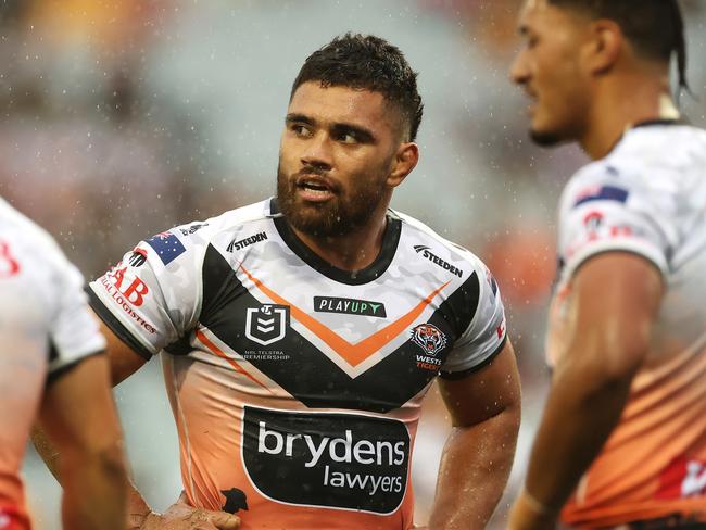 SYDNEY, AUSTRALIA - APRIL 23: Isaiah Papali'i of the Wests Tigers looks dejected after a try during the round eight NRL match between Wests Tigers and Manly Sea Eagles at Campbelltown Stadium on April 23, 2023 in Sydney, Australia. (Photo by Mark Kolbe/Getty Images)
