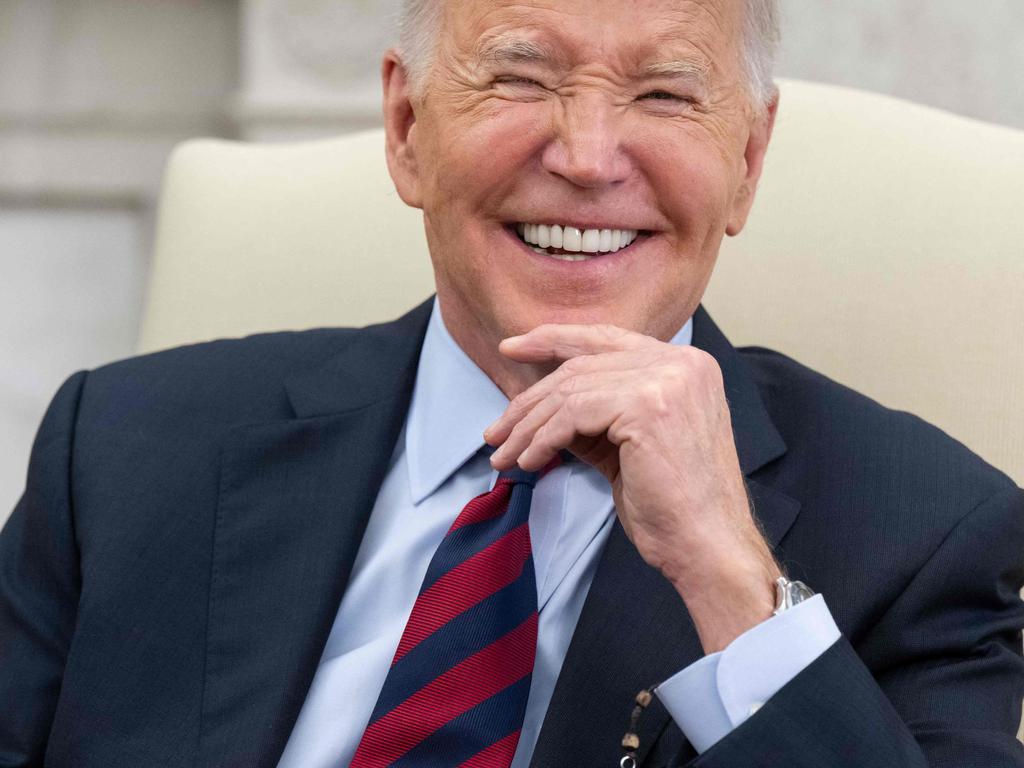 US President Joe Biden laughs during a bilateral meeting with Secretary-general Jens Stoltenberg of NATO in the Oval Office of the White House in Washington, DC, June 17, 2024. Picture: AFP