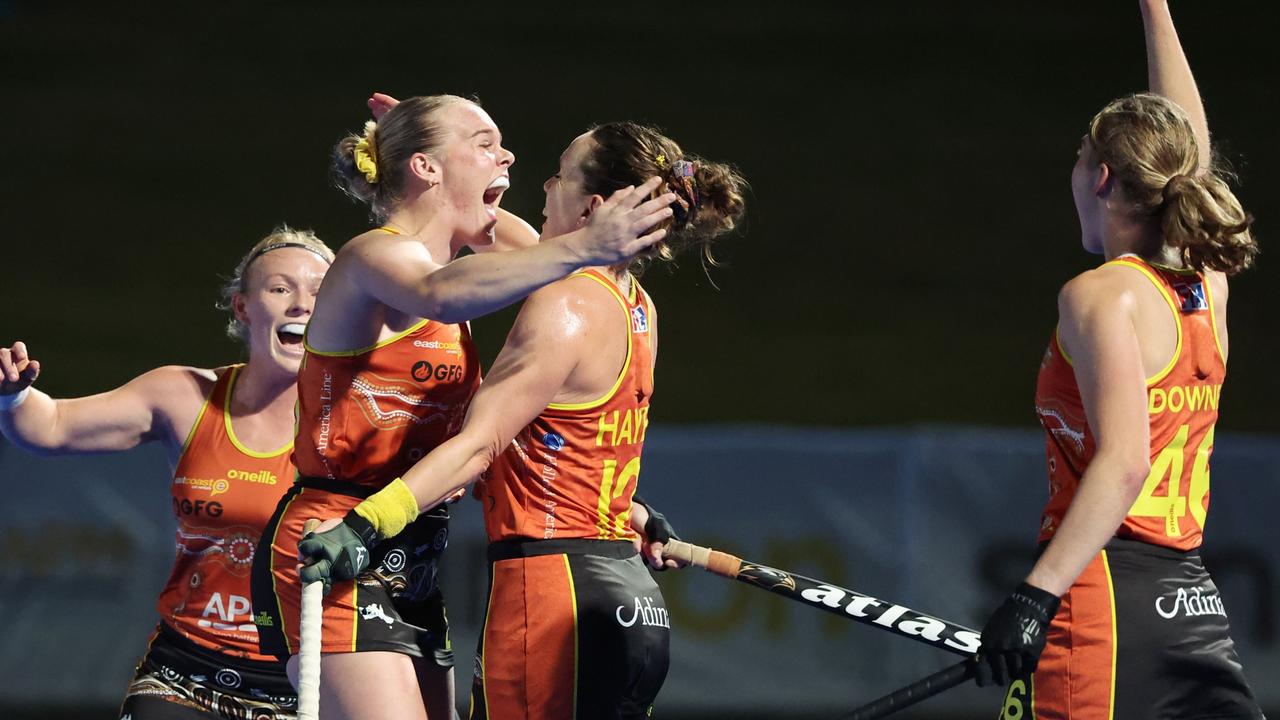 Toowoomba's Tatum Stewart celebrates her goal for the Hockeyroos against India. Picture: David Mariuz/Hockey Australia