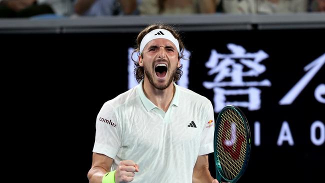 Stefanos Tsitsipas of Greece celebrates a point in his round two singles match against Jordan Thompson. Picture: Julian Finney/Getty Images.