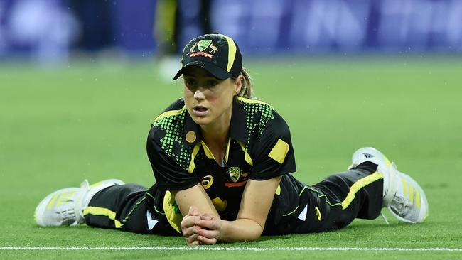 Ellyse Perry looks on during the first T20I against India, which was ruined by rain. Picture: Getty Images