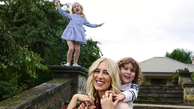 Phoebe Burgess at home with children Poppy (L) and Billy. Picture: Duncan Killick for Vogue Australia