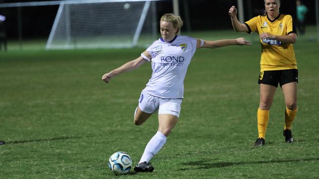 Mackenzie Akins continued her hot run of form for Gold Coast United in Sunday’s 2-1 win over Souths United. Picture: Craig Clifford/Sportspics