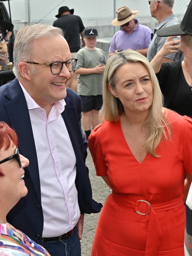 Anthony Albanese and partner Jodie Haydon in Tasmania on Saturday. Picture: Scott Gelston