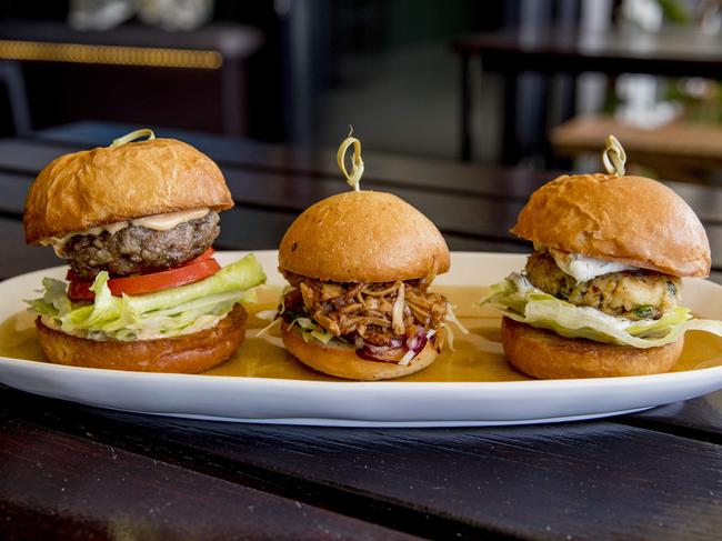 Saint Helens at Kirra Beach sliders — classic cheese burger, vegan jackfruit and crab cake. Picture: Jerad Williams