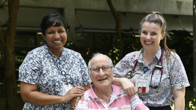 Dr Eliza Pearson and Dr Ruvi Jayalath with Peter Bakker. Photo: Ian Hitchcock.