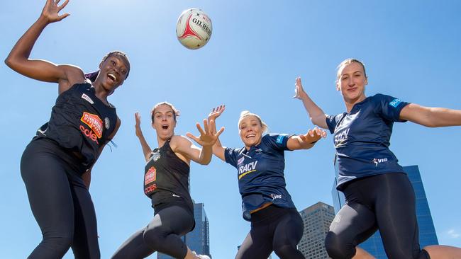 Vixens players Emily Mannix and Kate Moloney and Magpies players Shimona Nelson and Ash Brazill getting set for the new season. 