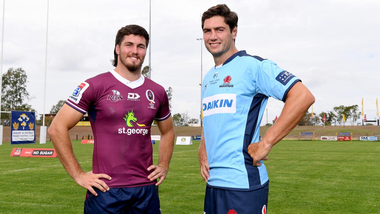 Captains Liam Wright of the Reds and Rob Simmons of the Waratahs in Dalby.