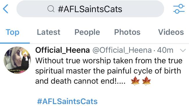 Religious tweets using the #AFLSaintsCats.