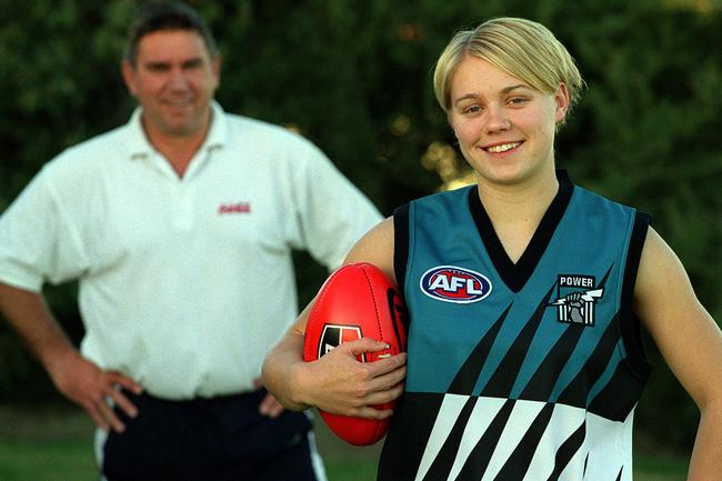 Former footballer Greg Phillips with daughter, footballer Erin Phillips in 2002.