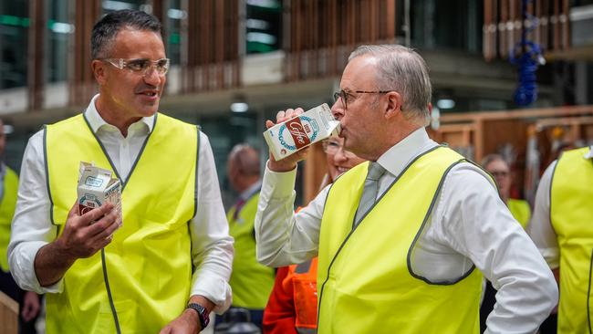 Prime Minister Anthony Albanese drinks a carton of Farmers Union Iced Coffee with Premier Peter Malinauskas, while visiting TAFE’s Tonsley campus in the electorate of Boothby on Thursday. Photo by Asanka Ratnayake/Getty Images