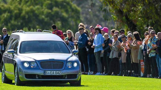 The body of Antonio Loiacono arrives at wake at the Hope Valley Football Club oval. Picture: NCA NewsWire / Naomi Jellicoe