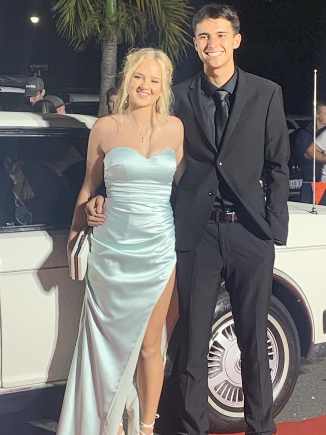 Jordan McShane and Taylah Neeson on the red carpet of the 2023 Xavier College School Formal at the Hervey Bay Boat Club