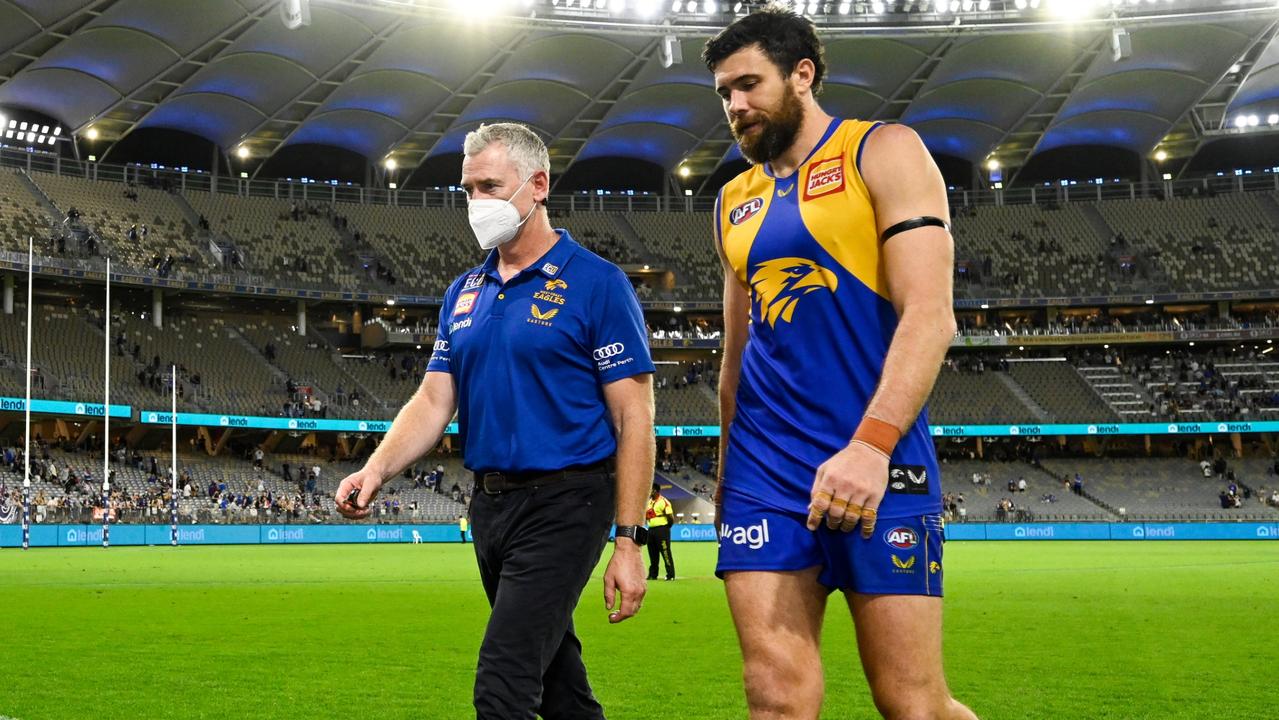 Eagles coach Adam Simpson leaves the field with Josh Kennedy, who made his return from Covid. Picture: Daniel Carson