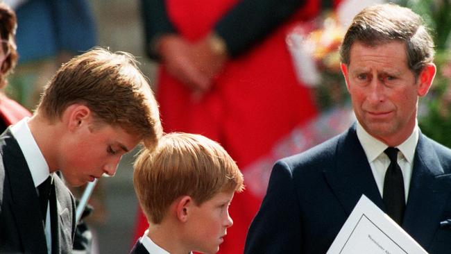 Prince Charles, William and Harry at Diana’s funeral. Picture: AFP.