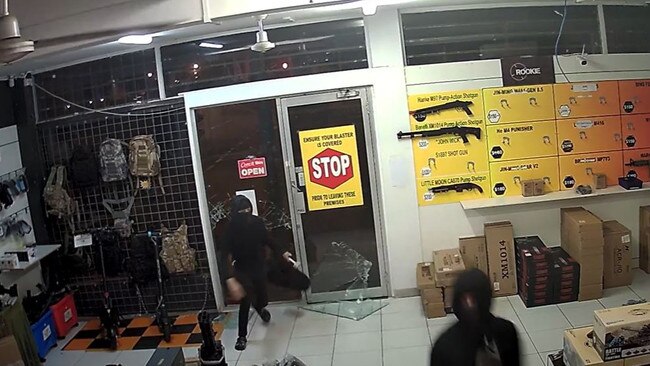 CCTV footage shows two masked men breaking into Tactical Gel Blasters and stealing eight gel blaster pistols. Video: Supplied