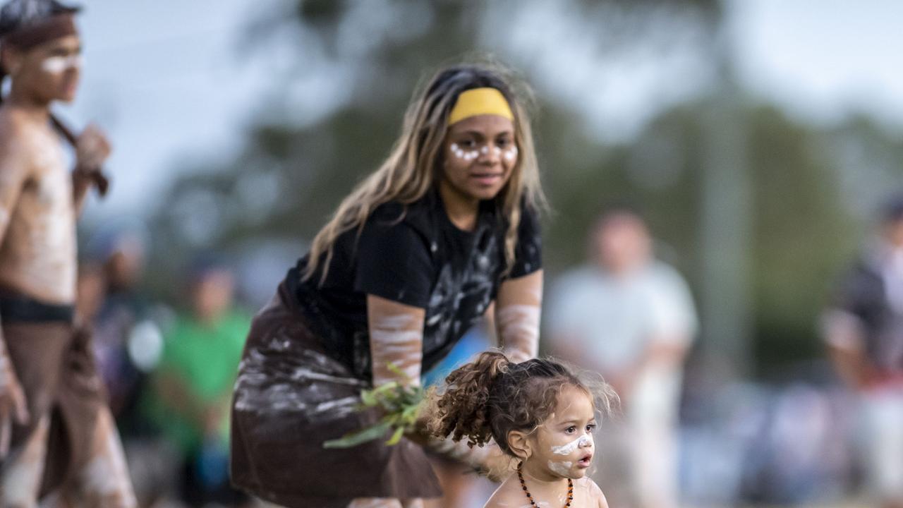 Niyardu McCarthy takes part in the smoking ceremony and dance by Murabirigururu Aboriginal Dancers. 2023 TRL Cultural Cup, SW Qld Emus vs Pacific Nations Toowoomba. Saturday, February 25, 2023. Picture: Nev Madsen.