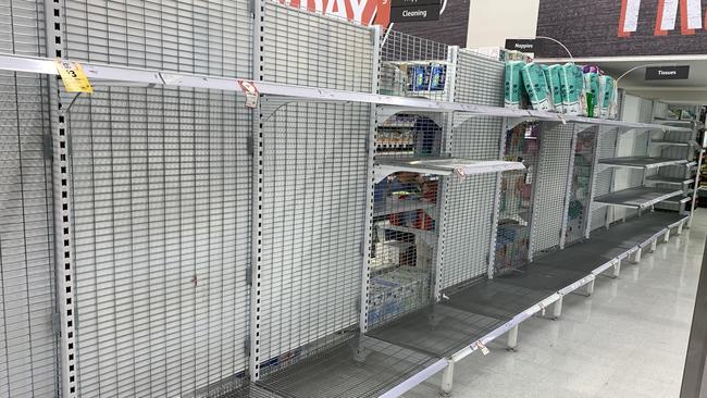 Shelves stripped of toilet paper at Coles in Five Dock — just like many other supermarkets. Picture: Rohan Kelly