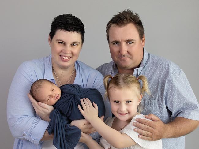 EMBARGO FOR TWAM 29 OCTOBER 2022. FEE MAY APPLY.  Bridgitte Chesters and her husband John, with Lola and baby  Lawrence, who was conceived using sperm donor they met on Facebook. Photo: Little Stories Photography/Supplied