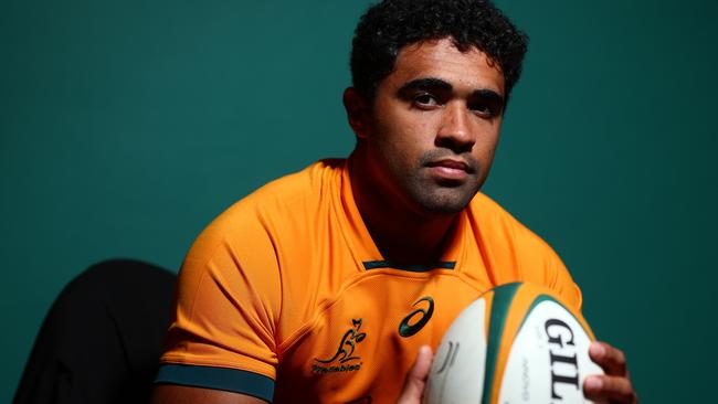 GOLD COAST, AUSTRALIA - JUNE 26: Langi Gleeson poses during a Wallabies Rugby Championship Headshots Session at Sanctuary Cove on June 26, 2023 in Gold Coast, Australia. (Photo by Chris Hyde/Getty Images)