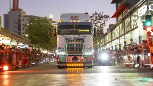 Supercars prime mover rolling through the Darwin CBD.