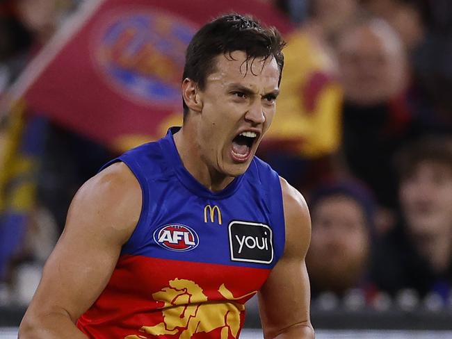 MELBOURNE, AUSTRALIA. April 11, 2024. AFL. Round 5. Melbourne vs. Brisbane at the MCG. Hugh McCluggage of the Lions celebrates a 2nd quarter goal. Pic: Michael Klein