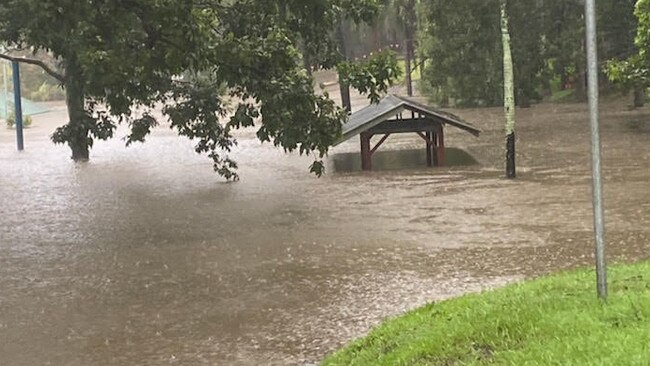 The Logan River at Dauth Park, Beenleigh, has broken its banks.