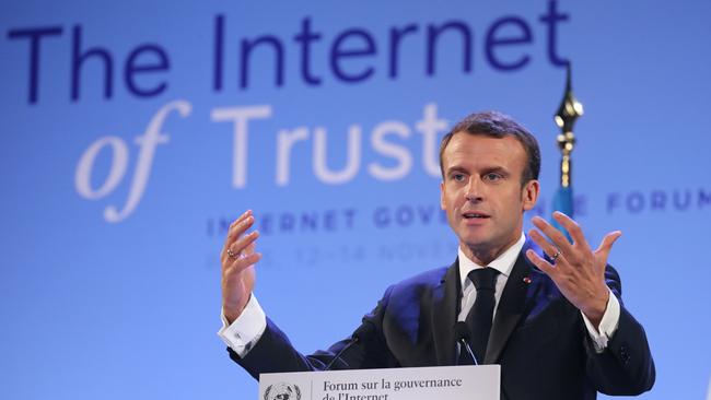 France's President Emmanuel Macron delivers a speech at the Internet Governance Forum. Photo: AP