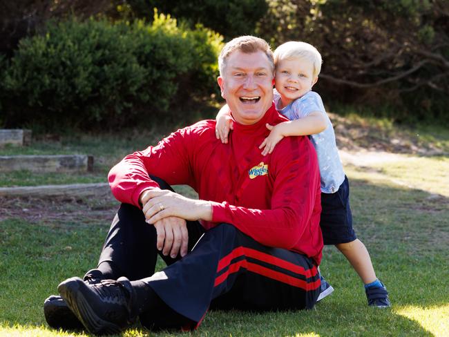 DAILY TELEGRAPH. JANUARY 21st, 2024Photo of Red Wiggle Simon Pryce with son 2 yo Asher at Burrows Park in Clovelly.Red Wiggle Simon Pryce is one of a handful of high-profile Aussie fathers joining a 'dad's alliance' to demand cheaper and more accessible childcare from the federal government.Photo: Tim Pascoe