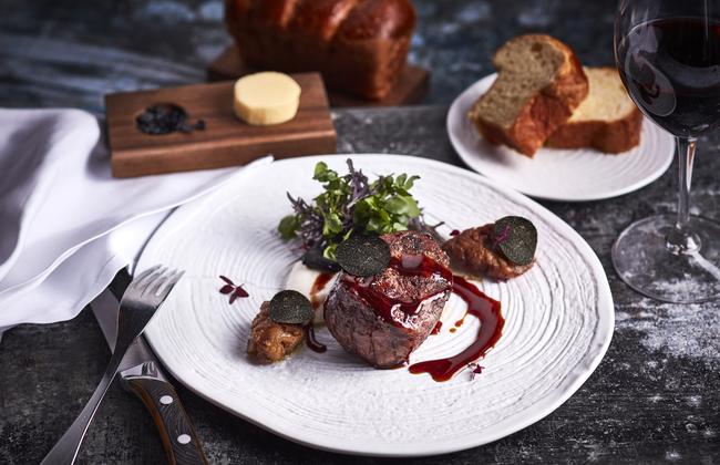 Grade seven marble wagyu with white polenta, sweetbread and black truffle at Bar &amp; Grill.