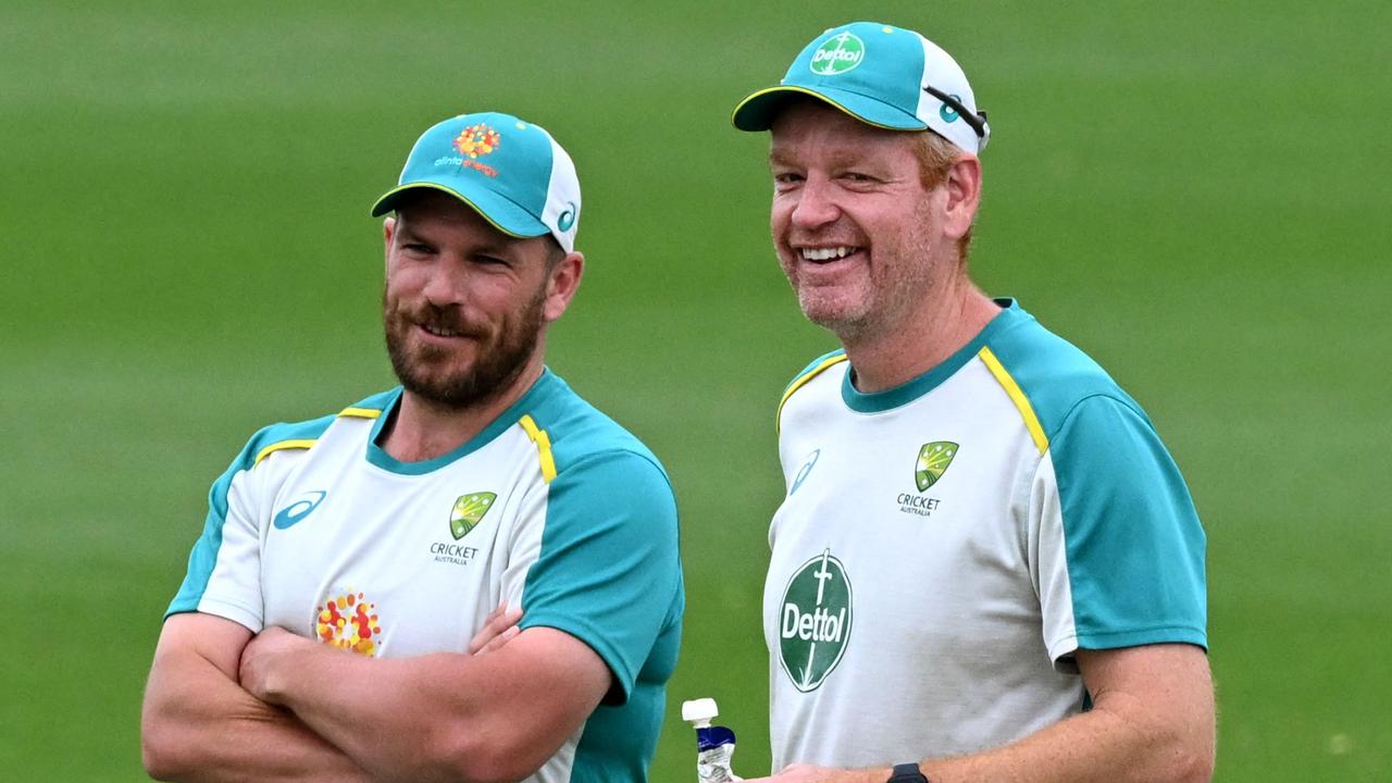 Under-fire skipper Aaron Finch with coach and former teammate, Andrew McDonald. Picture: AFP