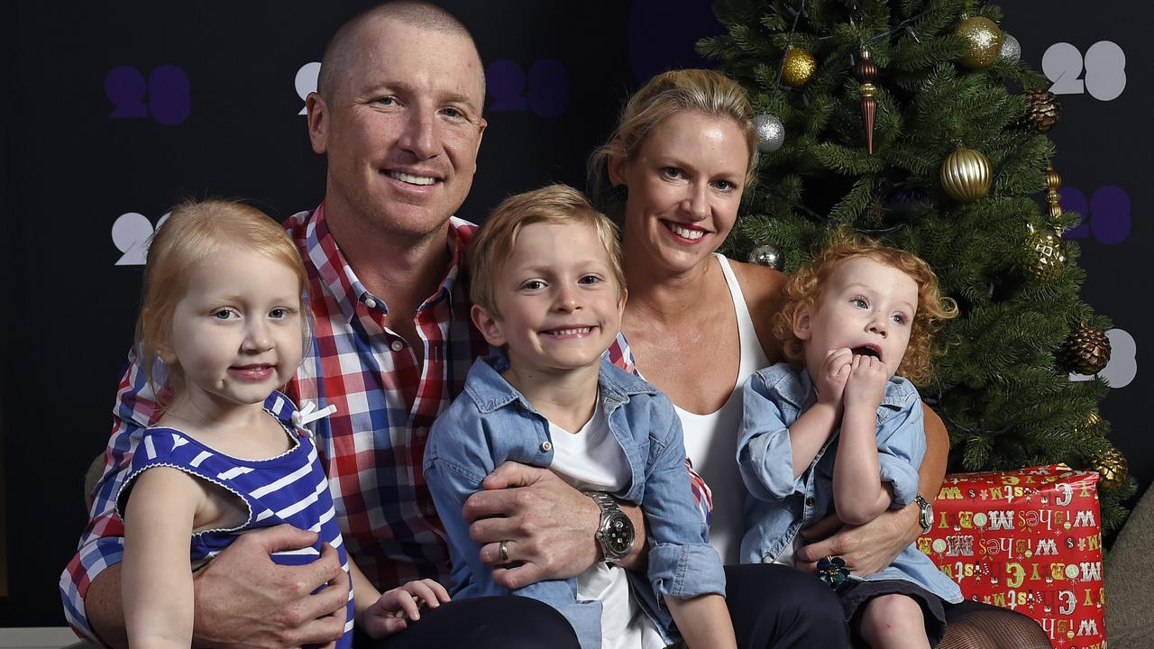 Australian Cricket team Christmas lunch at Crown Metropol in Melbourne. Brad Haddin and his wife Karina withMia, 4 Zac, 6 and Hugo, 2. Picture: Andy Brownbill