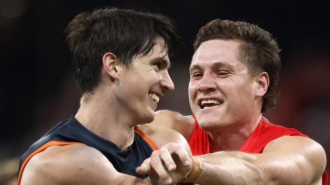 Sydney's Hayden Mclean gets in the face of Giants Sam Taylor after kicking a goal on him during the Sydney Derby XXVI AFL match between the GWS Giants and Sydney Swans  at Giants Stadium on August 5, 2023. Photo by Phil Hillyard(Image Supplied for Editorial Use only - **NO ON SALES** - Â©Phil Hillyard )