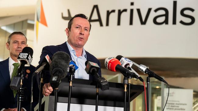 WA Premier Mark McGowan speaks to the media at Perth airport about reopening the borders with other states. Picture: NCA NewsWire / Tony McDonough