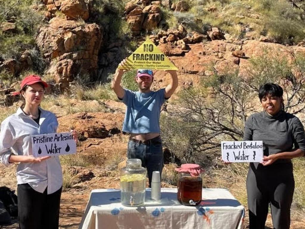 Central Australian Frack Free Alliance protesters voiced their concerns against fracking next to Chief Minister Natasha Fyles in Alice Springs over the weekend. Picture: CAFFA