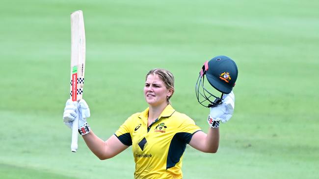 Georgia Voll Australia celebrates after scoring a century against India at Allan Border Field. Picture: Getty Images