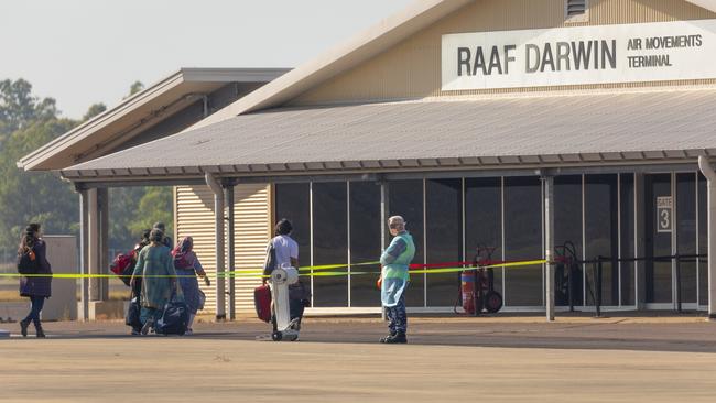 A QANTAS flight carrying returning Australians touched down at RAAF Base Darwin, with passengers transported to Howard Springs Quarantine Facility. Picture: ADF, supplied