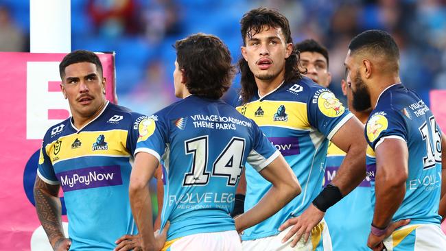 Tino Fa'asuamaleaui of the Titans looks on during the round 20 NRL match between the Gold Coast Titans and the Canberra Raiders at Cbus Super Stadium, on July 30, 2022, in Gold Coast, Australia. (Photo by Chris Hyde/Getty Images)