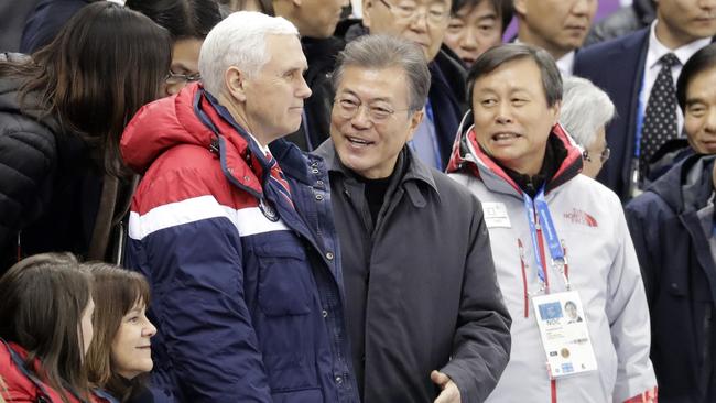 US Vice-President Mike Pence, left, with South Korean President Moon Jae-in at the Winter Olympics in South Korea. Picture: AP