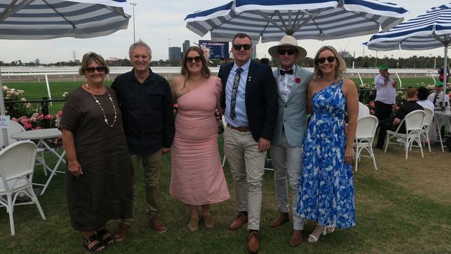 Maree, Grahame, Lauren, Trent, Shaun and Hayley at Seppelt Wines Stakes Day 2024 at Flemington Racecourse. Picture: Gemma Scerri