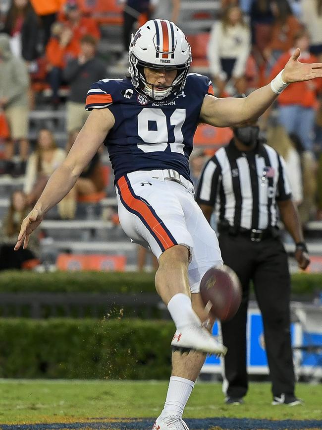 Adelaide product Oscar Chapman punting for Auburn against LSU in US college football. Picture: Todd Van Emst/AU Athletics