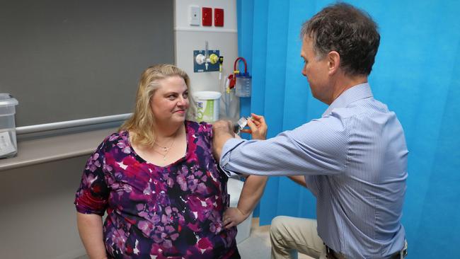 Australia’s first recipient of AstraZeneca vaccine has received her jab in Murray Bridge, east of Adelaide. Dr Caroline Phegan, a GP who has psoriatic arthritis, said she was honoured and urged everyone to be vaccinated. ‘Didn’t hurt a bit’. Picture: NCA NewsWire / Dean Martin