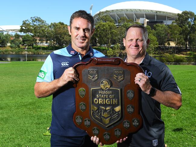 ADELAIDE, AUSTRALIA - FEBRUARY 04:  Brydens Lawyers NSW Blues coach Brad Fittler and Maroons Coach Kevin Walters with the State on Origin Sheild at Elder Park during the 2020 NRL State or Origin series launch at Adelaide Oval on February 04, 2020 in Adelaide, Australia. (Photo by Mark Brake/Getty Images)