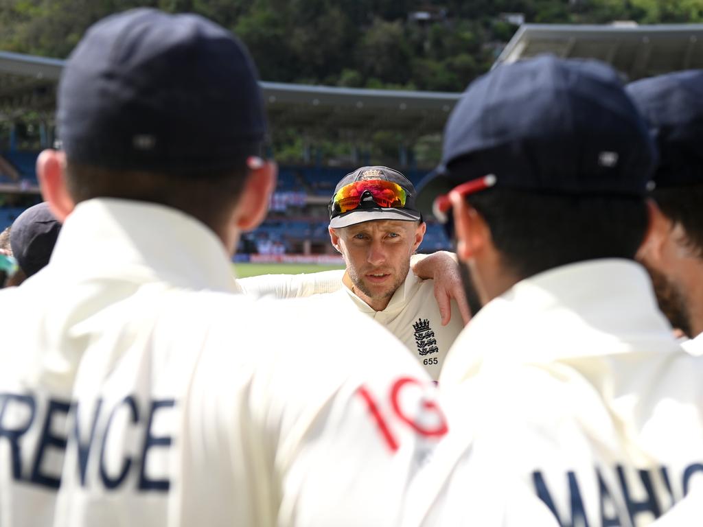 England captain Joe Root speaks to his team on Day 2 of their third Test match against the West Indies. Picture: Gareth Copley/Getty Images