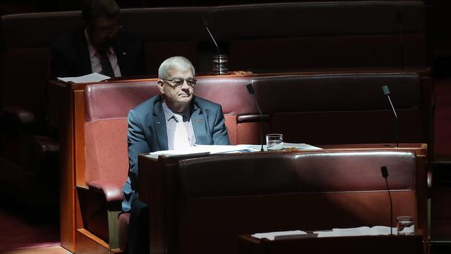 Senator Brian Burston in Question Time in the Senate Chamber at Parliament House in Canberra in 2019. Picture: Kym Smith